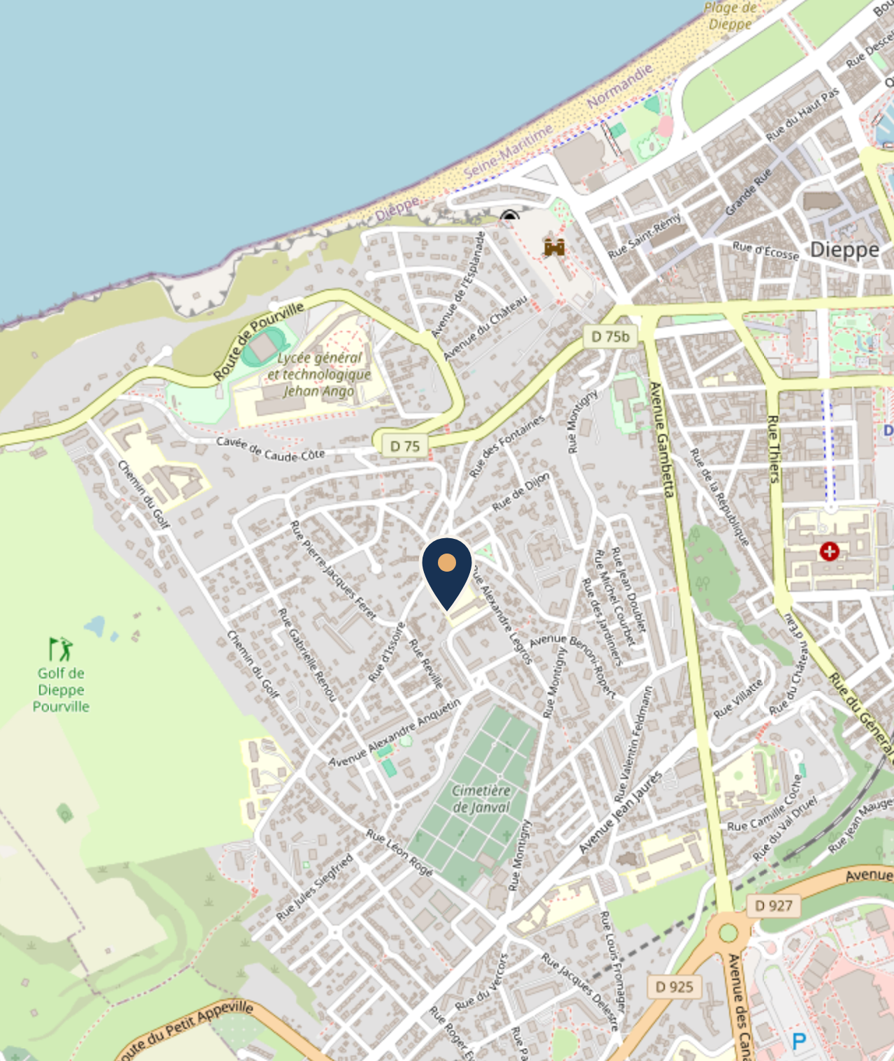 Repère sur le quartier ouest de Dieppe, près de la plage : Rue Alexandre Legros, 76200 Dieppe, où se trouvent les deux écoles.